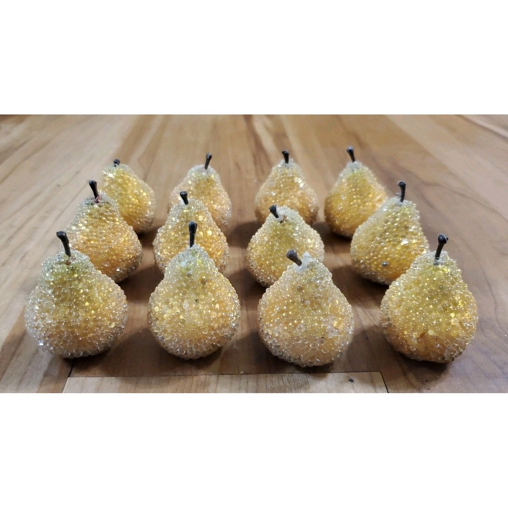 Vintage Mid Century Sugared Beaded Mini Pears Faux Fruit Lot of 12 Christmas 2"